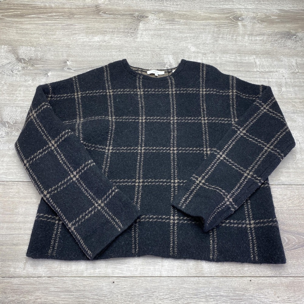 Vince Sweater Womens‎ Large Black Plaid Merino Alpaca Wool Blend Crew Neck